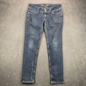 JZ Premium Womens Low Rise‎ Slim Fit Jeans Dark Wash Fleur De Lis Rhinestone Y2K